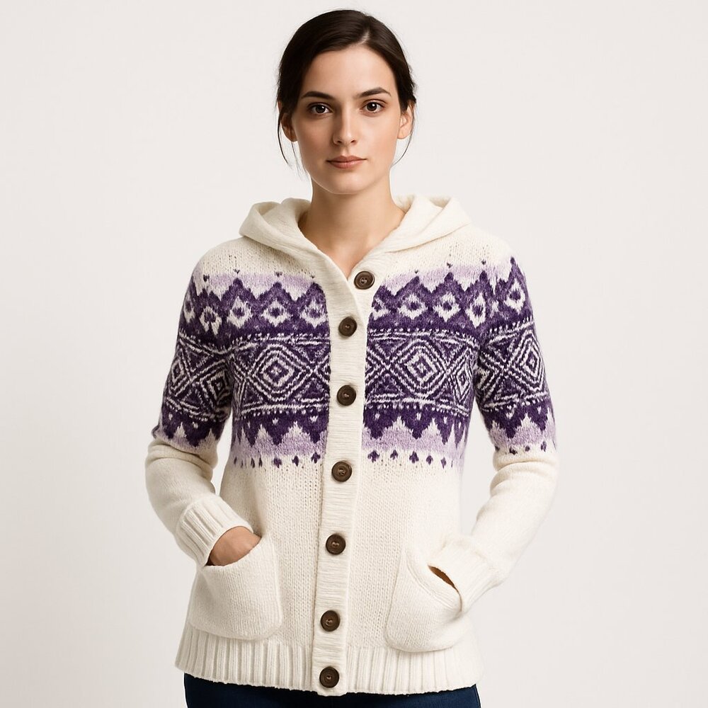 NEVADA | Purple & Cream Hooded Button-Up Cardigan – Women’s Medium